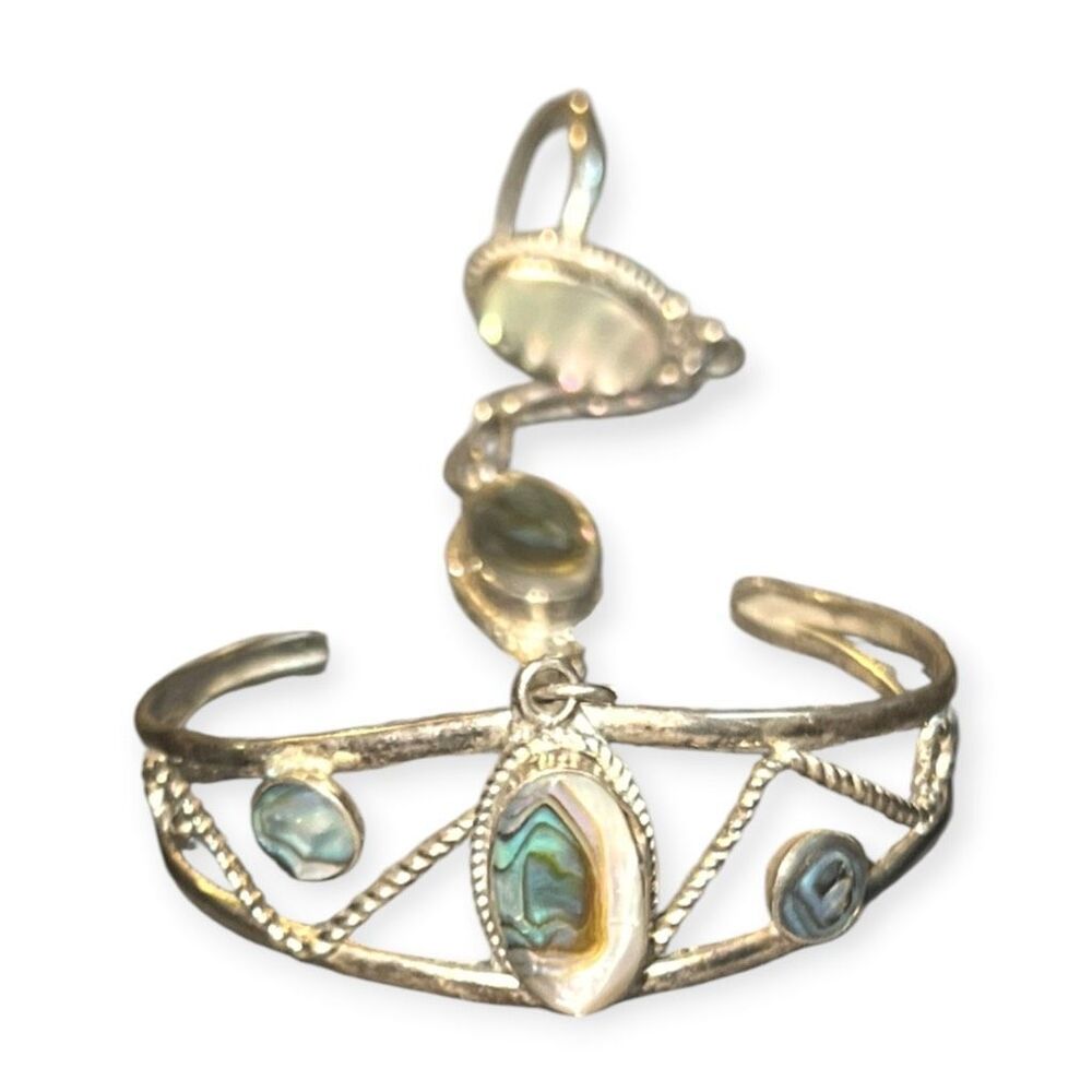 Vintage Mexican Alpaca Silver Slave Bracelet Hand Flower Abalone Ring Cuff - Picture 2 of 10